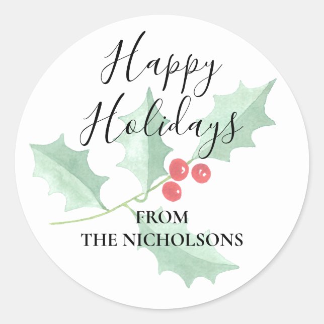 Sticker Rond Aquarelle personnalisée Holly Happy Holidays (Devant)