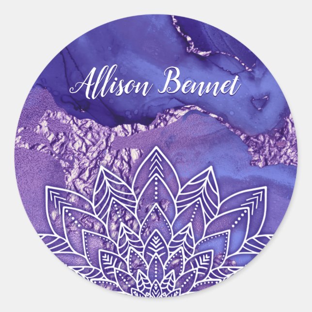 Sticker Rond Aquarelle personnalisée violet blanc Mandala (Devant)