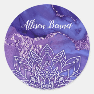 Sticker Rond Aquarelle personnalisée violet blanc Mandala