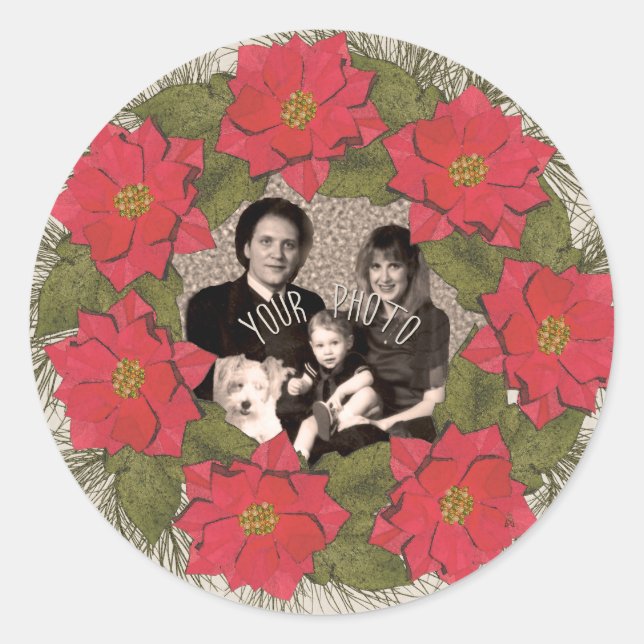 Sticker Rond Aquarelle photo personnalisée Poinsettia Wreath (Devant)