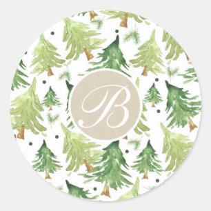Sticker Rond Aquarelle Pine Arbres Moderne Rustique Monogramme 