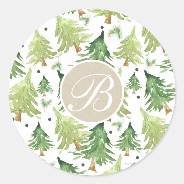 Sticker Rond Aquarelle Pine Arbres Moderne Rustique Monogramme  (Devant)