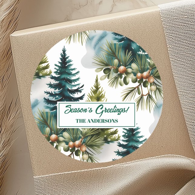 Sticker Rond Aquarelle Pine Motif Elégant hiver (Créateur téléchargé)