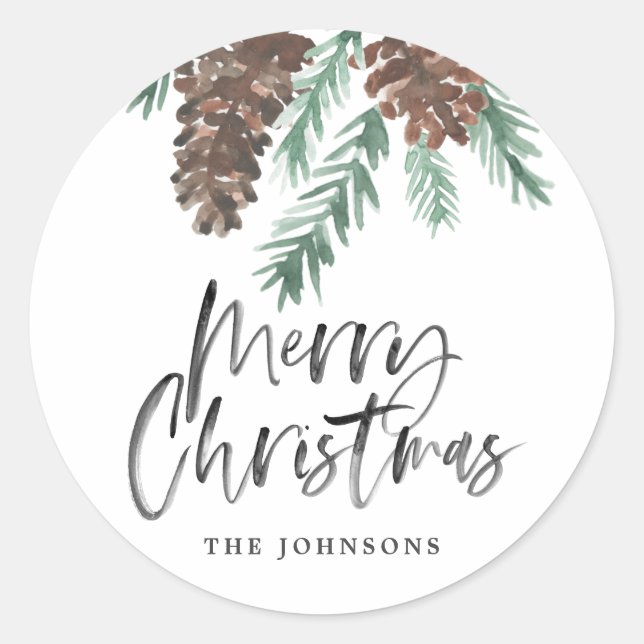 Sticker Rond Aquarelle Pinecone Joyeux Noël (Devant)