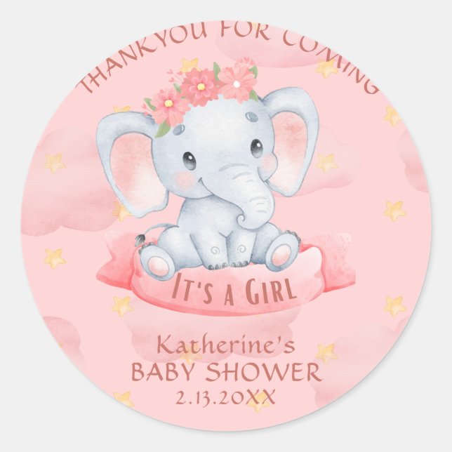 Sticker Rond Aquarelle Pink fleoral éléphant Baby shower fille (Devant)