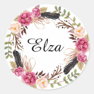 Sticker Rond Aquarelle Pink Fleurs et plumes élégantes