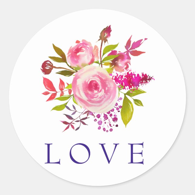 Sticker Rond Aquarelle PInk Floral LOVE Mariage (Devant)