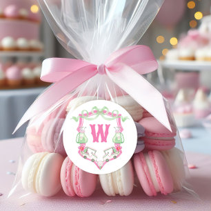 Sticker Rond Aquarelle Pink & Green Golf Panier Monogram Crest