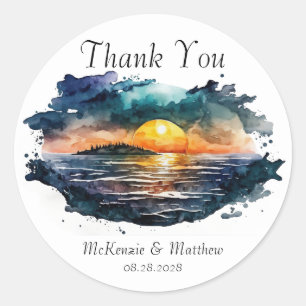Sticker Rond Aquarelle Plage nautique Scène Mariage Merci