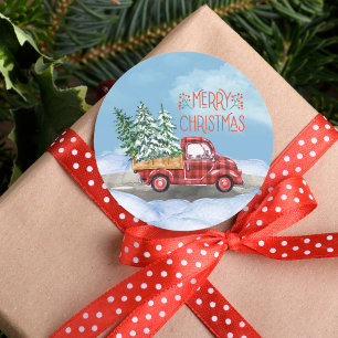 Sticker Rond Aquarelle Plaid Camion Rouge Neige Joyeux Noël