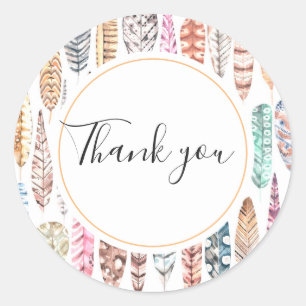 Sticker Rond Aquarelle plumes motif boho. Merci