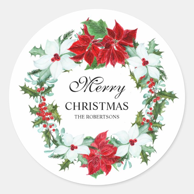 Sticker Rond Aquarelle Poinsettia et Holly | Joyeux Noël (Devant)