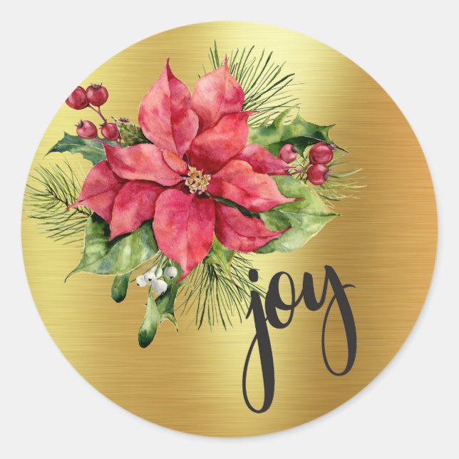 Sticker Rond Aquarelle Poinsettia - Joy - Gold Foil Arrière - p (Devant)