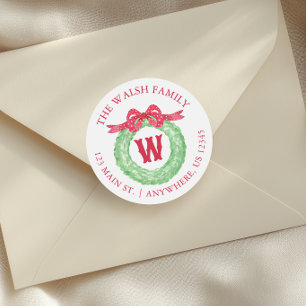 Sticker Rond Aquarelle Polka Dot Bow Monogram Wreath Adresse
