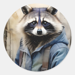 Sticker Rond Aquarelle Portrait Raccoon