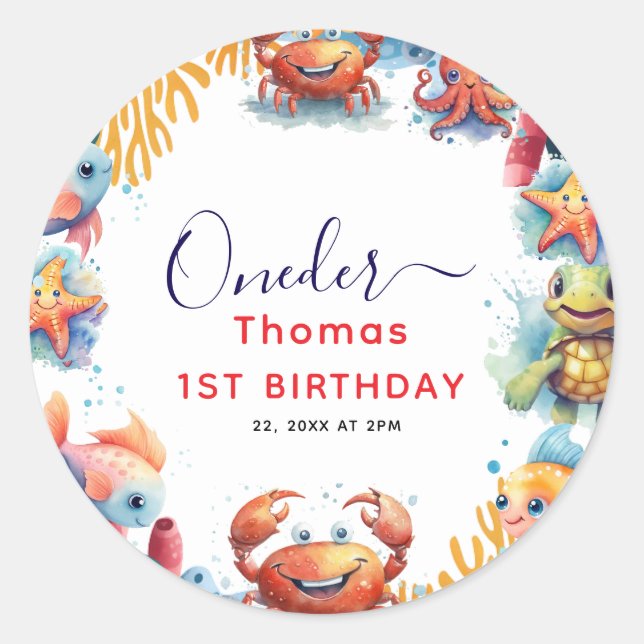 Sticker Rond Aquarelle pour enfants mignonne au bord de la mer  (Devant)