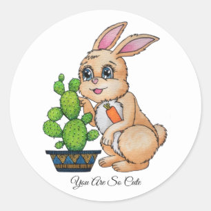Sticker Rond Aquarelle Rabbit Et Cactus Mignons