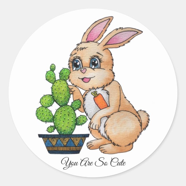 Sticker Rond Aquarelle Rabbit Et Cactus Mignons (Devant)
