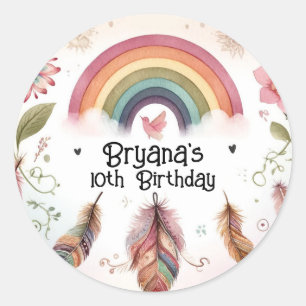 Sticker Rond Aquarelle Rainbow Bird & Feathers Boho Birthday