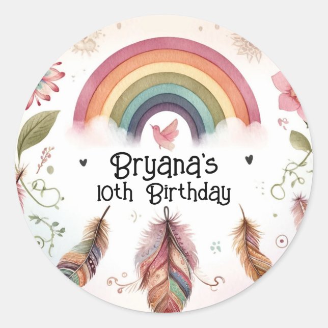 Sticker Rond Aquarelle Rainbow Bird & Feathers Boho Birthday (Devant)
