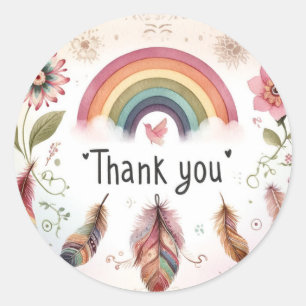 Sticker Rond Aquarelle Rainbow Bird & Feathers Boho Merci