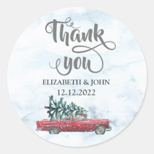 Sticker Rond Aquarelle Retro voiture Pine Tree Merci