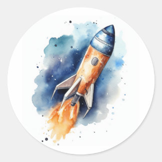 Sticker Rond Aquarelle Rocketball volant à travers les étoiles