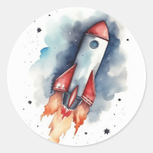 Sticker Rond Aquarelle Rocketship volant à travers les étoiles