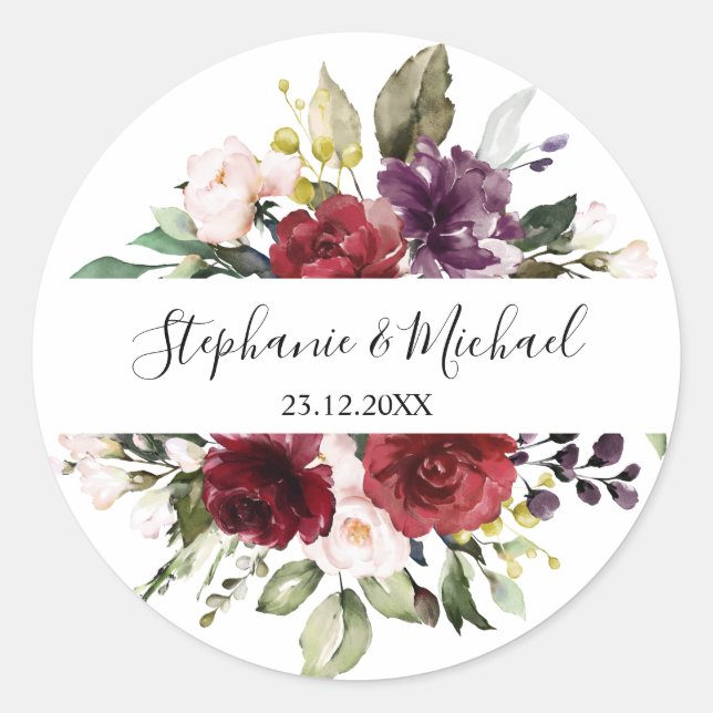 Sticker Rond Aquarelle romantique Bourgogne Rouge Blush Rose Fl (Devant)