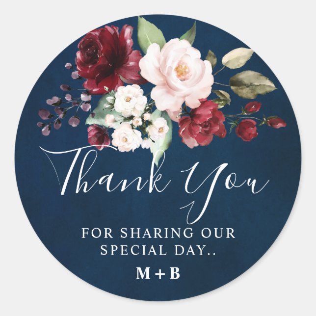 Sticker Rond Aquarelle romantique Bourgogne Rouge Marine Floral (Devant)