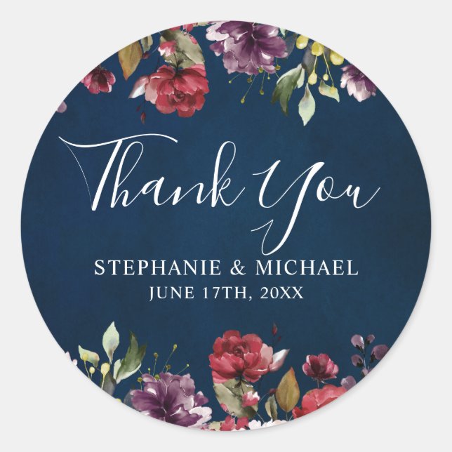 Sticker Rond Aquarelle romantique Bourgogne Rouge Marine Floral (Devant)