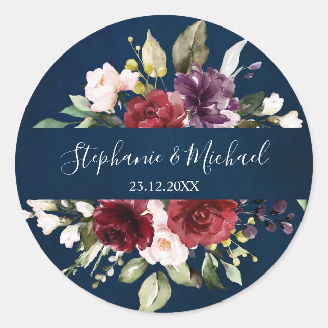 Sticker Rond Aquarelle romantique Bourgogne Rouge Marine Floral (Devant)