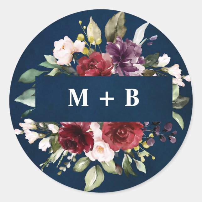 Sticker Rond Aquarelle romantique Bourgogne Rouge Marine Floral (Devant)