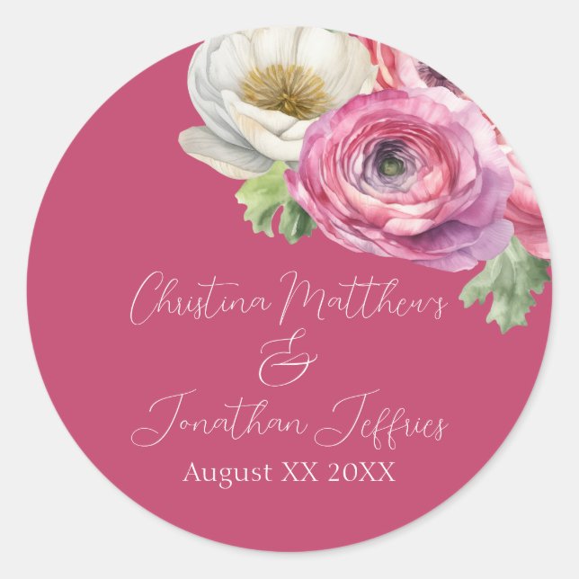 Sticker Rond Aquarelle romantique Ranunculus rose sur fond rose (Devant)