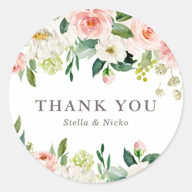 Sticker Rond Aquarelle romantique Ressort fleurir Merci Mariage (Devant)