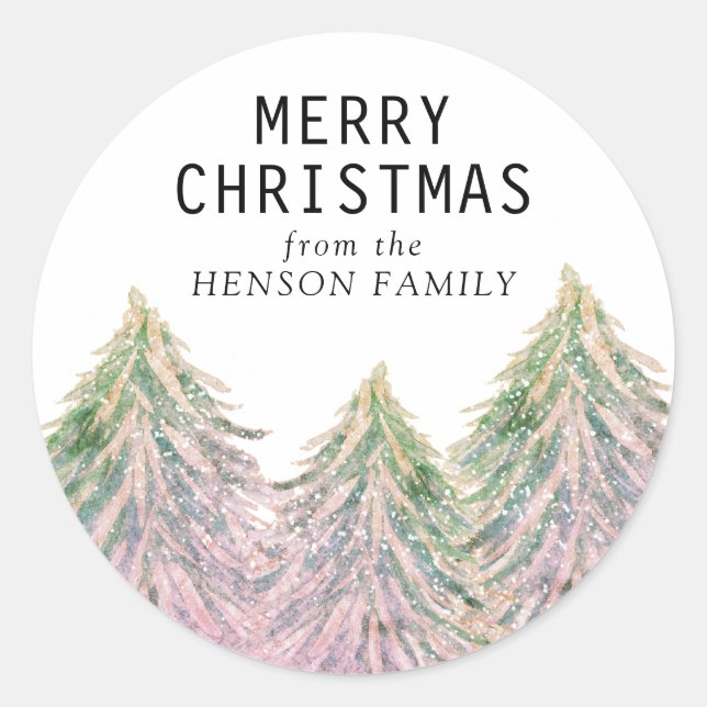 Sticker Rond Aquarelle rose Arbre de Noël Artistique (Devant)