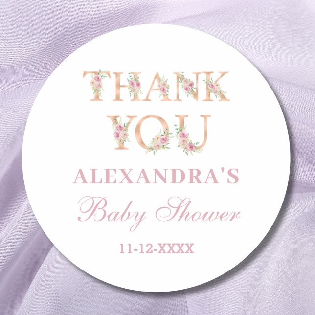 Sticker Rond Aquarelle rose Baby shower Floral Merci (Créateur téléchargé)