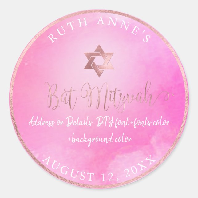 Sticker Rond Aquarelle rose Bat mitzvah PixDezines (Devant)