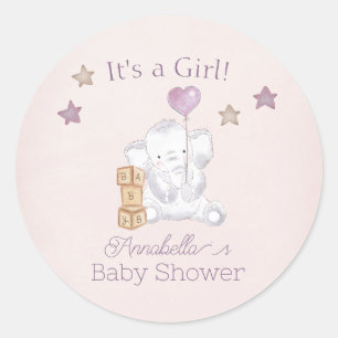 Sticker Rond Aquarelle rose bébé fille éléphant et ballons