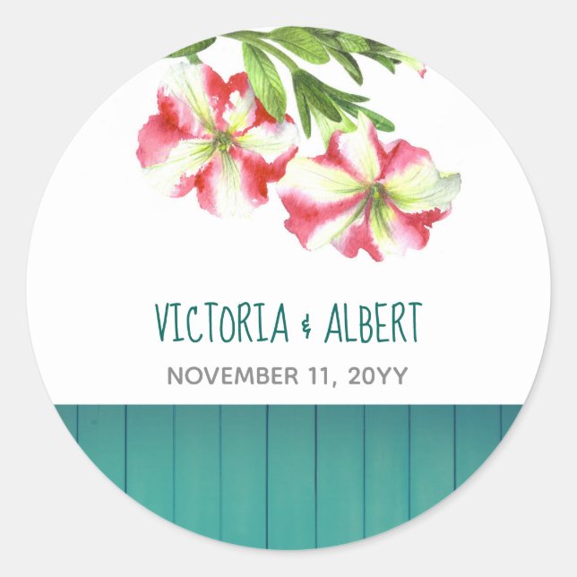 Sticker Rond Aquarelle rose blanc Petunias Mariage d'art floral (Devant)