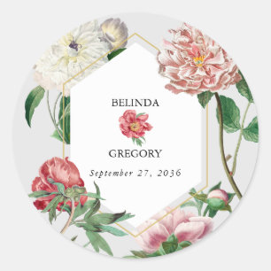 Sticker Rond Aquarelle rose blanc pivoines Mariage