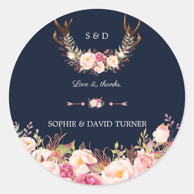 Sticker Rond Aquarelle rose Blush Floral Antlers Mariage (Devant)
