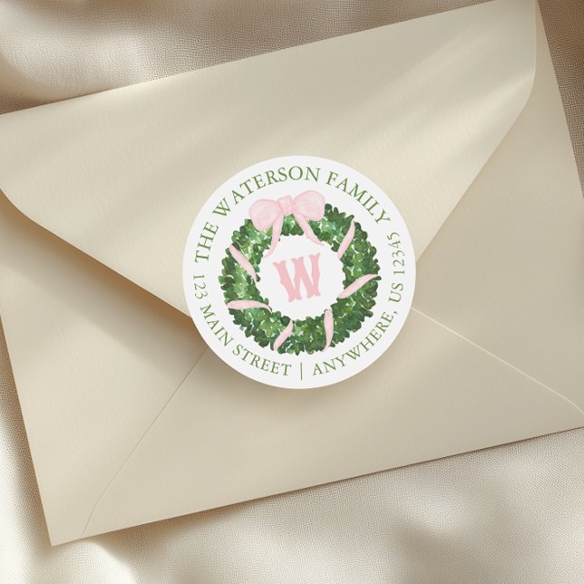 Sticker Rond Aquarelle Rose Bow Sash Noël Wreath cadeau (Créateur téléchargé)