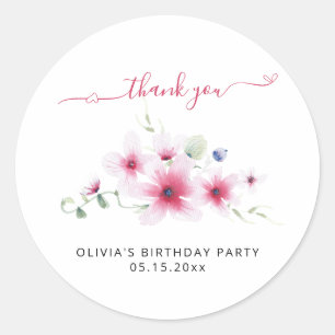 Sticker Rond Aquarelle rose chaud Fille Merci d'anniversaire