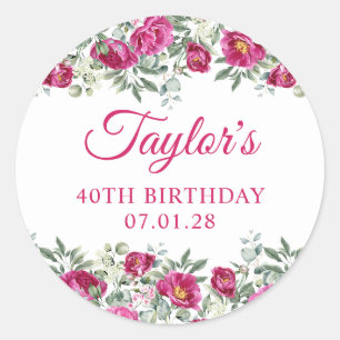 Sticker Rond Aquarelle rose chaude pivoines 40e anniversaire