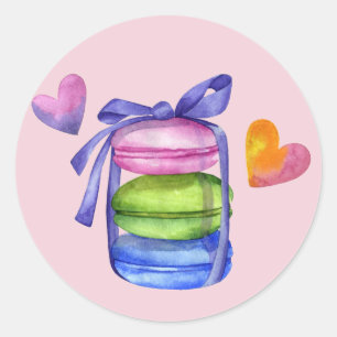 Sticker Rond Aquarelle rose coloré Macaron Pâtisserie Français