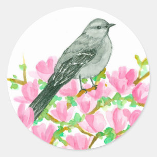 Sticker Rond Aquarelle rose de magnolia de moqueur