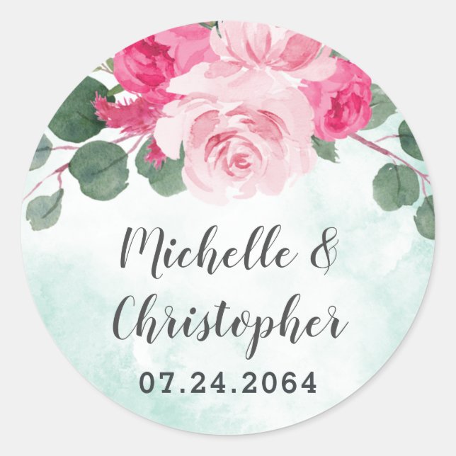 Sticker Rond Aquarelle rose et argent Mariage floral (Devant)