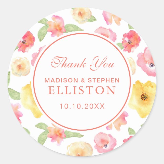 Sticker Rond Aquarelle rose et jaune | MERCI (Devant)