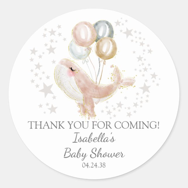 Sticker Rond Aquarelle rose et or Cute Whale Baby shower Cl (Devant)